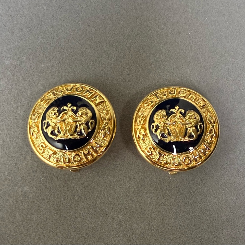 Vintage St. John Black Enamel in Gold Tone Clip On Earrings Luxury Designer EUC